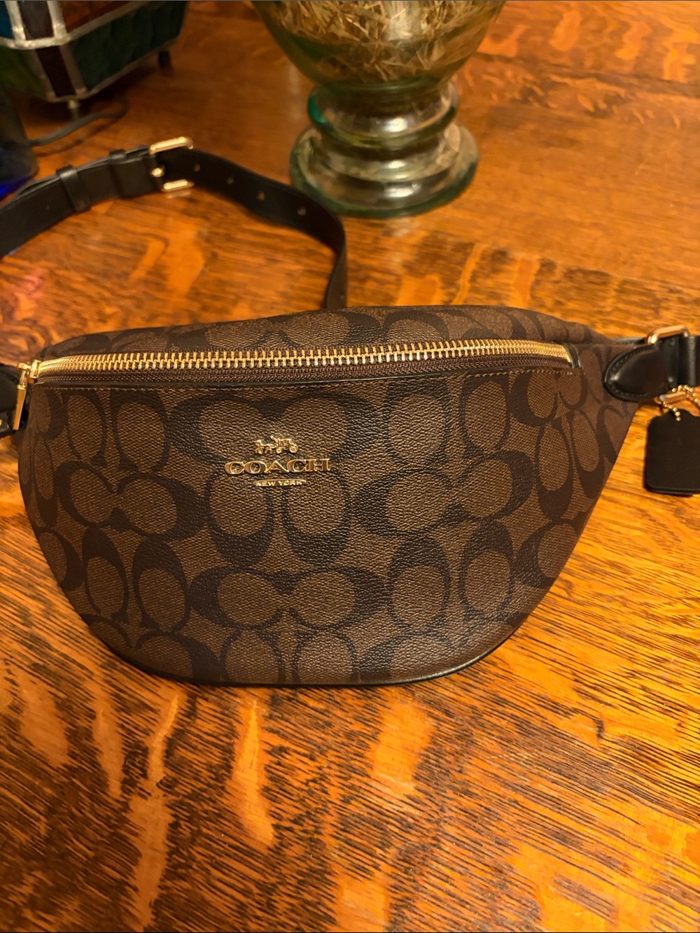 Coach Brown Signature Canvas Crossbody Belt Bag with Gold Hardware